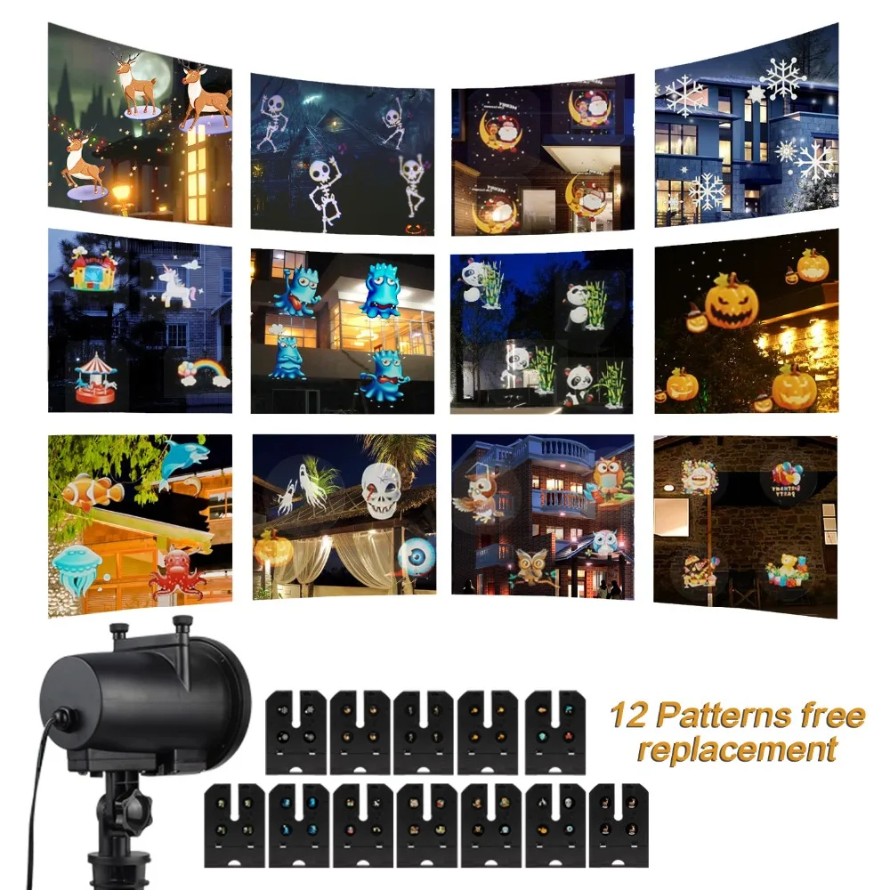 

110V 220V 12PCS Slides Christmas Laser Projector Snowflake Projector Light Outdoor Disco Stage Party Light Landscape US/EU Plug