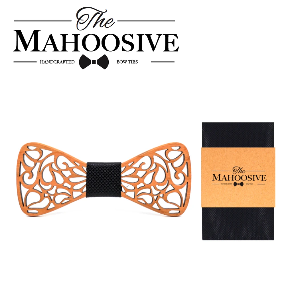  MAHOOSIVE Fashion Wooden Bow Tie And Handkerchief Set Men's Plaid Bow Tie Wood Hollow Floral Wooden