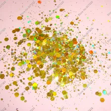 50 грамм/мешок x Смешанные Лазерные золотые цвета(блестящий порошок+ шестигранник) форма для украшения ногтей и блестки для ногтей