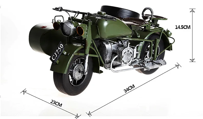 1pcs 13 3inch hand made metal traditional Changjiang750 ver Three wheel green army motorcycle model for