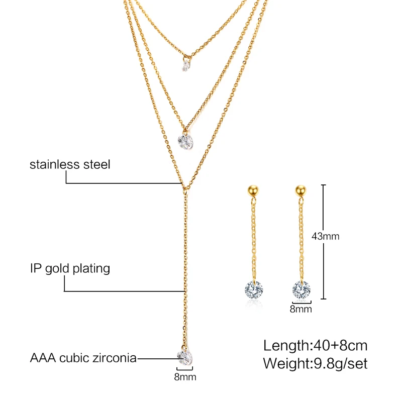 Meaeguet, многослойное CZ длинное ожерелье, ювелирные наборы для женщин, нержавеющая сталь, Бар CZ, серьги-капли+ цепочка, ожерелье, ювелирный набор