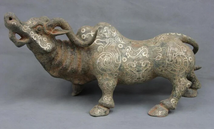 

fast shipping USPS to USA S2901 Chinese Folk Collect Old Bronze silver-gilt Evil Lucky Rhinoceros OX Bull Statue