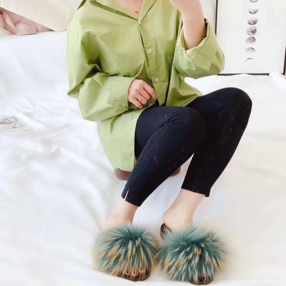 RASS-PLE-2019-Women-Real-Fox-Slippers-Raccoon-Fluffy-Slippers-Slides-Fuzzy-Sliders-Soft-Plush-Flip