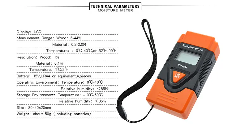 Портативный деревянный измеритель влажности, измеритель влажности, детектор влажной древесины с ЖК-дисплеем и зондом EM4806 ALL SUN