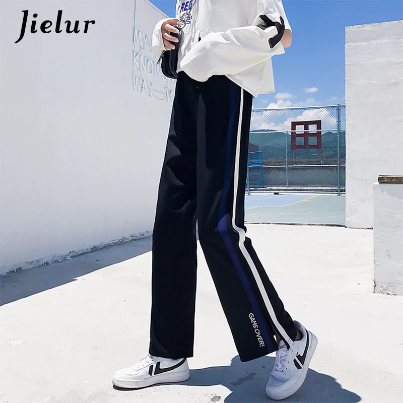 

Jielur 2019 Autumn Ankle-length Pants New Korean Casual Trousers for Women Loose Sweatpants Letter Embroidery Wide Leg Pants 2XL