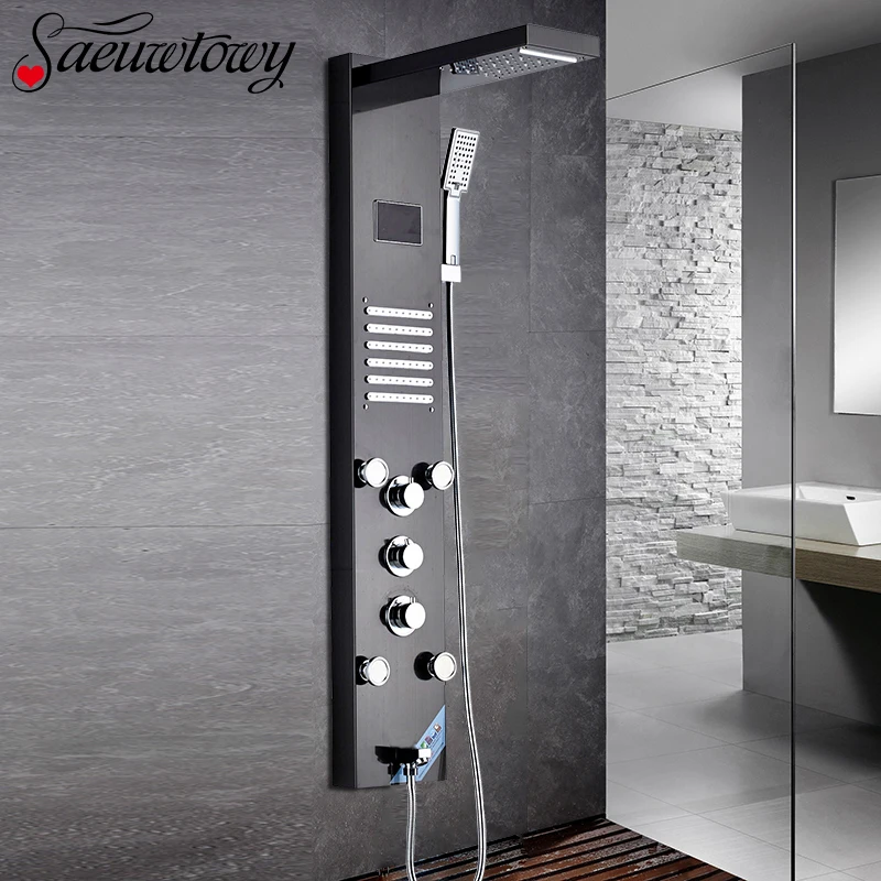 

Saeuwtowy LED ORB/Brushed/Gold Bathroom Shower Faucet Shower Pannel Digital Temperature Screen Shower System Mixer Massage Jets