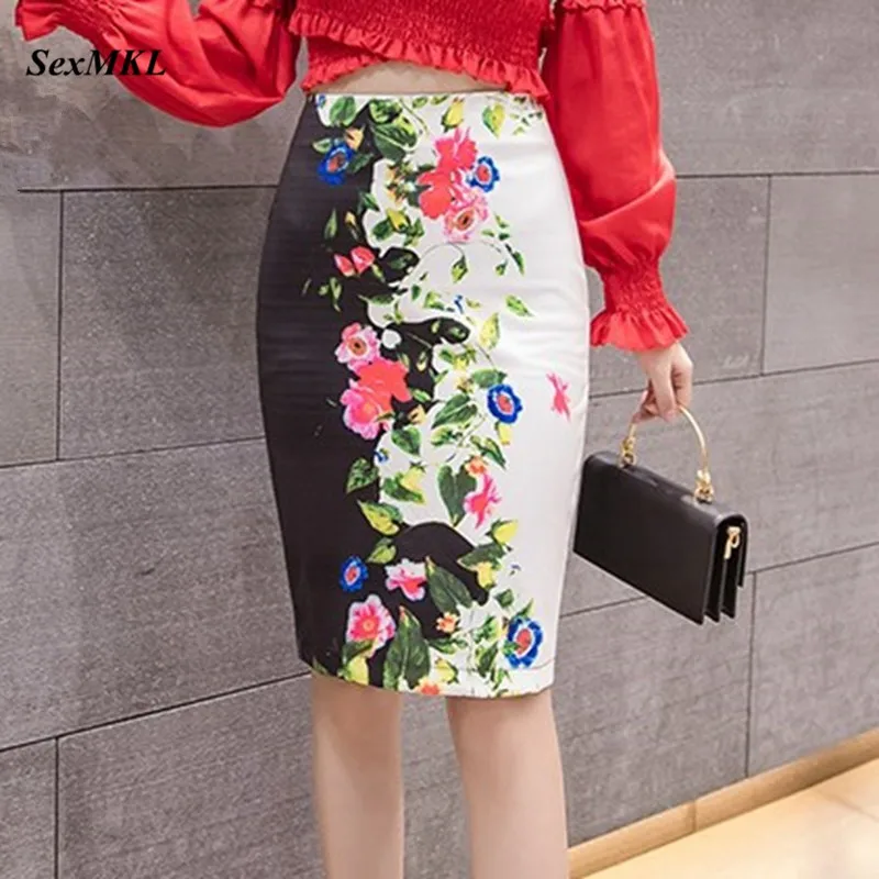 

SEXMKL Floral Printed Summer Skirts Womens 2019 Sexy Casual High Wasit Skirt Jupe Femme Korean Elastic Office Pencil Skirt XL