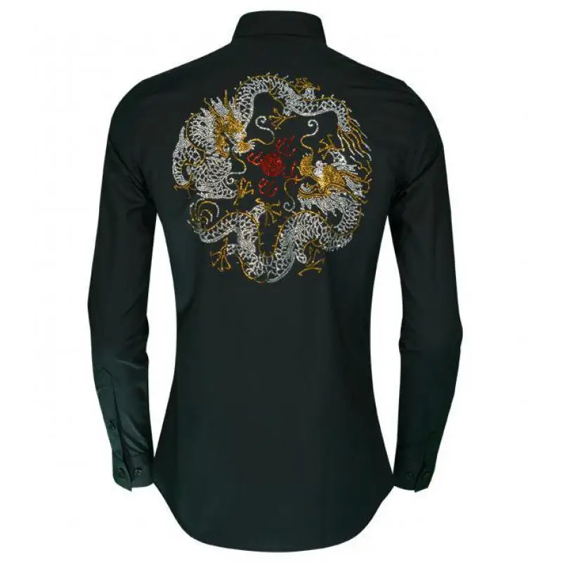 Новое поступление мужские рубашки Роскошные чешские Хрустальные Алмазы Огненный Дракон с длинным рукавом мужские рубашки плюс размер 4xl тонкие мужские рубашки