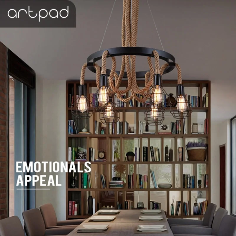 

Artpad Industrical Iron Cage Pendant E27 Led Bulb Light Hemp Rope Hanging 6 Head Ceiling Suspended Lights Bar Loft Cafe Club Led