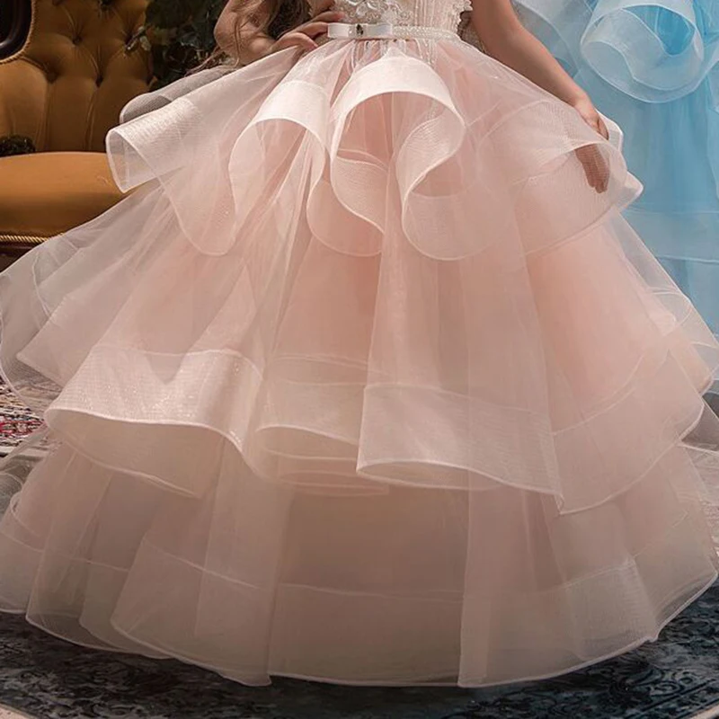 Многослойное платье для девочек в цветочек, платья для свадьбы бальное платье святое причастие платье с низким вырезом на спине детское нарядное платье длинное платье на выпускной "принцесса"