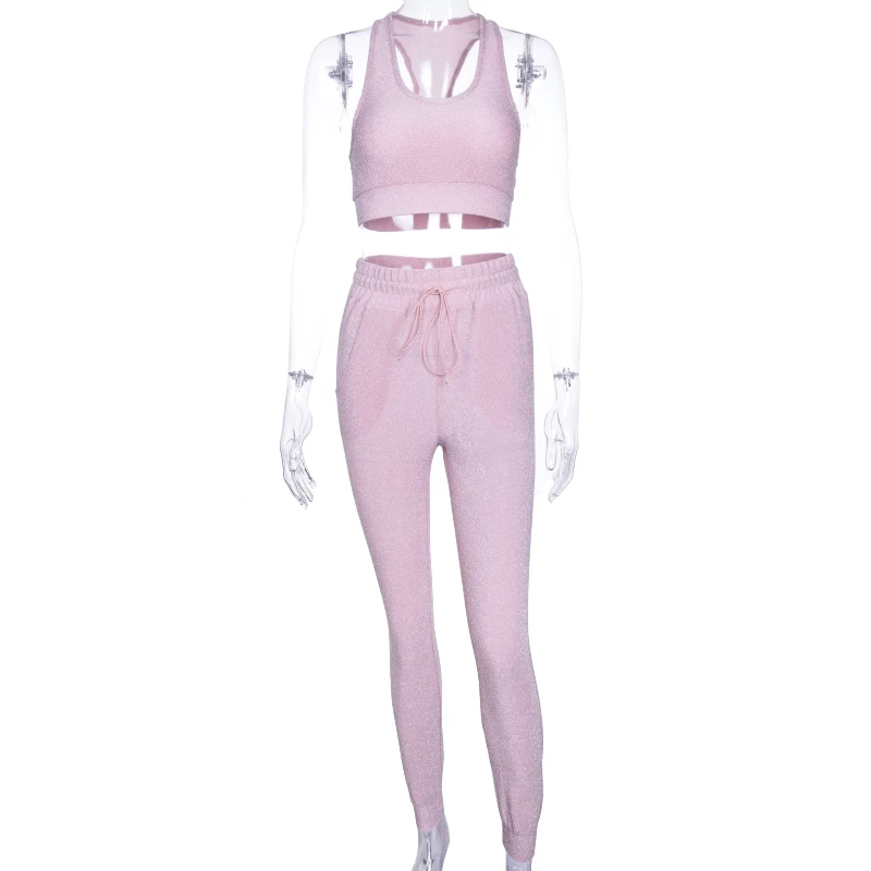 InstaHot сексуальный комплект из 2 предметов розового и серебристого цветов женские короткие топы на бретелях брюки-дудочки на шнурках Женская повседневная модная осенняя одежда