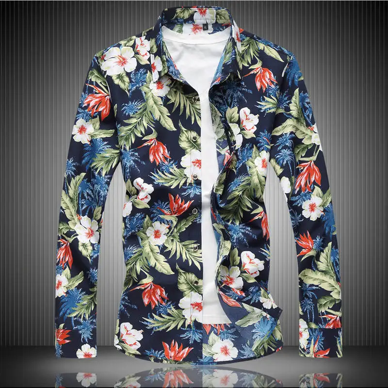 قميص الرجال الملابس M-7XL طويل كم زهرة طباعة رجل اللباس قمصان الصيف جديد عارضة هاواي الذكور قميص camisa الغمد قميص الرجال الملابس M-7XL طويل كم زهرة طباعة رجل اللباس قمصان الصيف جديد عارضة هاواي الذكور قميص camisa الغمد