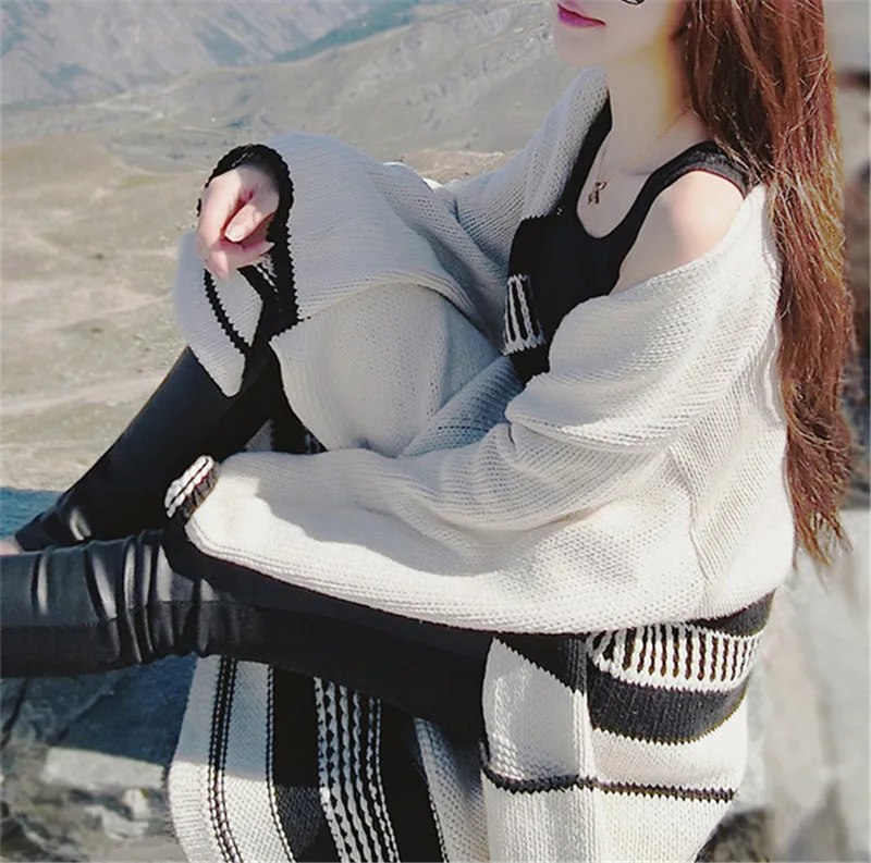 Осень зима новые женские модные Свободные Повседневные свитера больших размеров геометрический полосатый длинный кардиган шикарные шерстяные вязаные пальто
