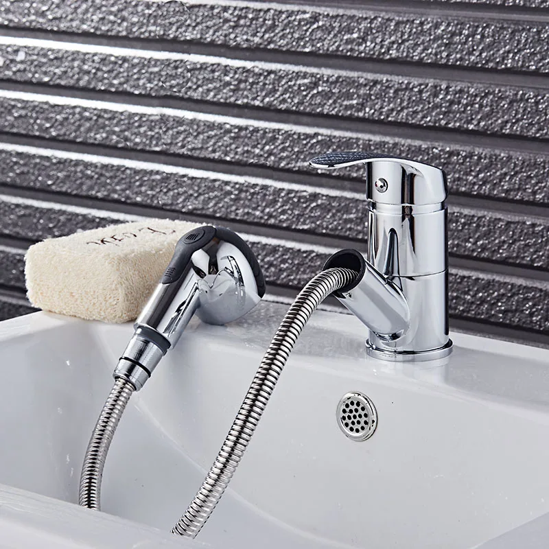 Us 47 7 33 Off Free Shipping Chrome Copper Pull Out Basin Sink Faucet Spray Spout Basin Faucet With Shower Head Hot Cold Wash Basin Tap In Basin