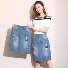 2019 Spring Summer Woman High Waist Embroidered Back Split Knee-length Ripped Denim Skirt Plus Size Harajuku Jeans Skirt Faldas 2019 Spring Summer Woman High Waist Embroidered Back Split Knee-length Ripped Denim Skirt Plus Size Harajuku Jeans Skirt Faldas