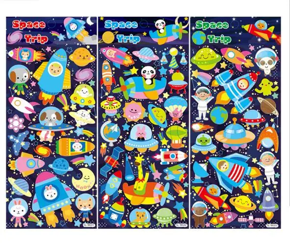 

4 pcs PET PVC Material High Quality Waterproof Stickers Space Cosmic Bubble Wrap Sticker Cartoon Puzzle Spacecraft Stickers