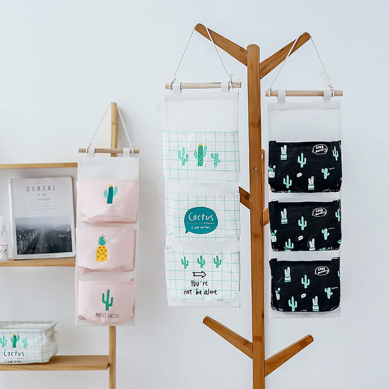 

Wall Hanging Storage Bags Cartoon Printing Cotton Linen Organizer Box 3 Pockets Room Children Toys Pouch Book Wardrobe Container