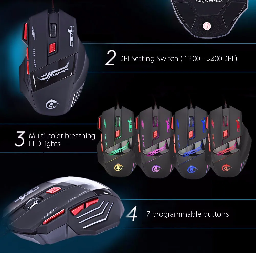 HXSJ H100 3200DPI Wired Optical Game Mouse with LED Light