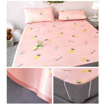 

Mattress Topper Summer Cool Ice Silk Bed Supplies Set- 3D Printed Mat Pad And 2 Pillow Covers