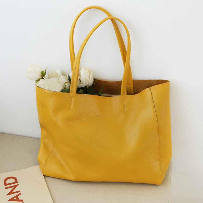Women Luxury Bag Casual Tote Female Lemon Yellow Fashion Shoulder Handbag Lady Cowhide Genuine Leather Shoulder Shopping Bag 3