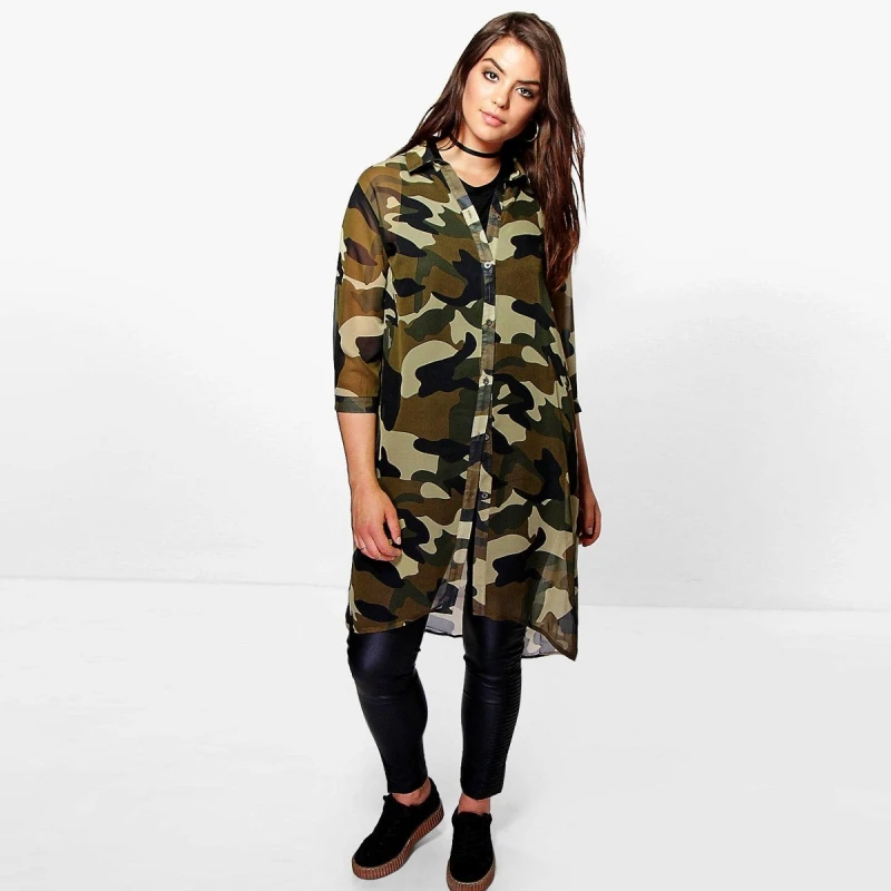 Mujeres de La Manera de Tres Cuartos de la Manga Novio Camuflaje Impreso Blusa Blusas de Primavera Camisa Larga Más Tamaño 3XL 4XL 5XL 6XL