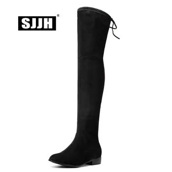 

SJJH Women Flock Over-the-Knee Boots with Round Toe Chunky Winter Slip-on Plush Long Boots Fashion Party Shoes Large Size Q302