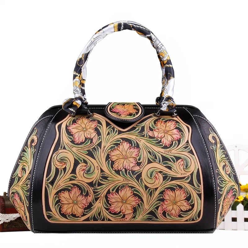 

100% Handmade Genuine Leather Two-sides Carved Floral Designer Ladies Women's Large Green Flower Handbag Female Top-handle Bag