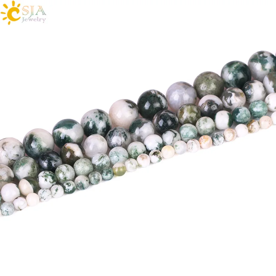 

CSJA Polish Natural Stone Bead Moss Agates Loose Beads for Jewelry Making Green Onyx Round 4 6 8 10mm DIY Bracelet Necklace F424