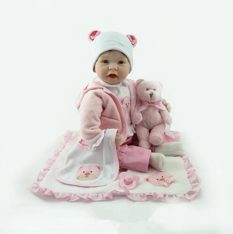 New Bebe Reborn Silicone Baby Doll smile baby children's toys Magnet Pacifier 22 inch 55 cm Lovely pink baby bear doll