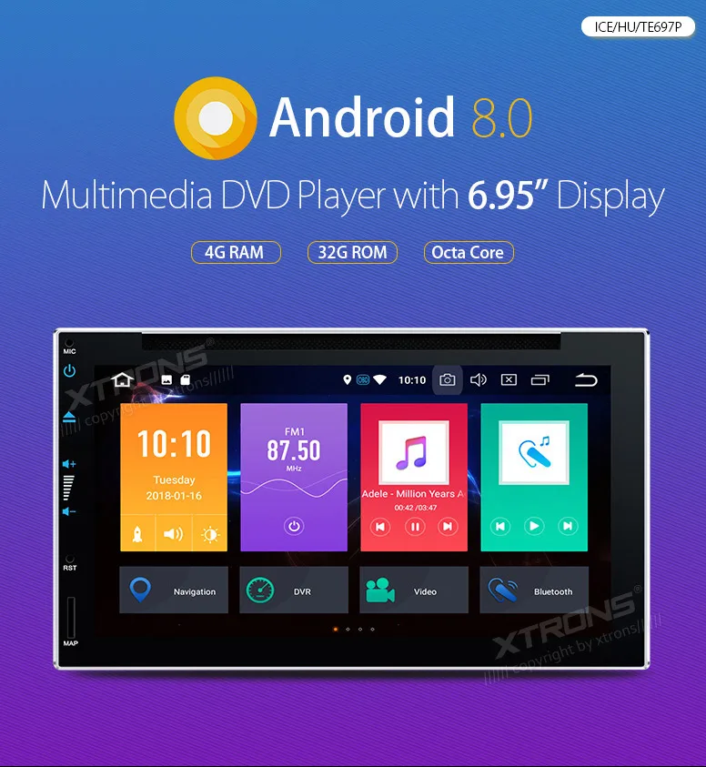 Top XTRONS 2 Din Universal Radio Audio 6.95" Android 8.0 Octa Core Car Stereo DVD Player Steering Wheel GPS Navigation 4G DAB+OBD2 0