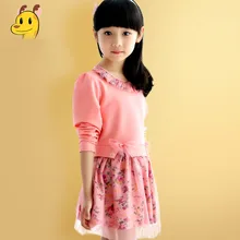 Enfants nouvelle 2016 printemps filles à manches longues robe princesse robe enfants bowknot printemps et automne fleur occasionnel d’une seule pièce