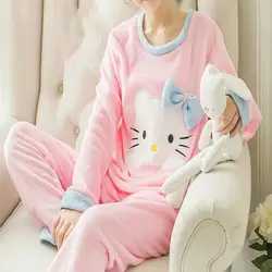 Женский милый розовый hello kitty Cat коралловый бархатный пижамный комплект 2018 Зимний толстый мягкий домашний пижамный комплект теплый