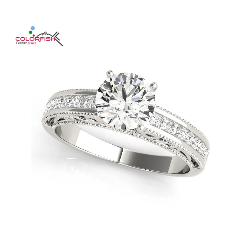 

COLORFISH 1ct Silver Ring For Women Round Square Prong Channel Set 925 Sterling Silver Engagement Solitaire Ring Wedding Jewelry