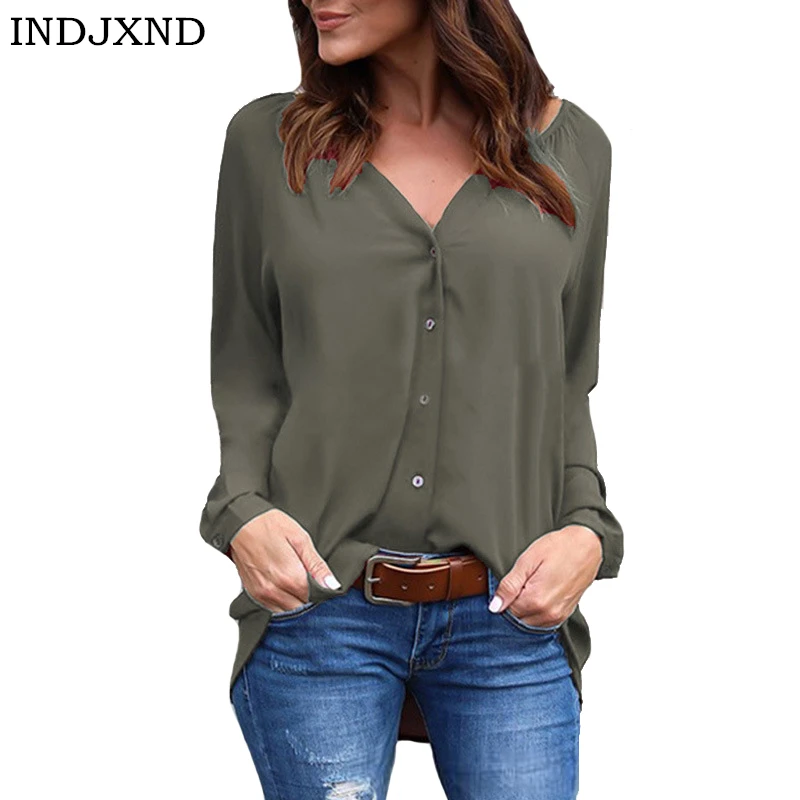 

INDJXND 2018 Chaude Femmes Chemises Blouses Manches Longues Dames Chemisier En Mousseline Tops OL Bureau Chemise Femme V Neck