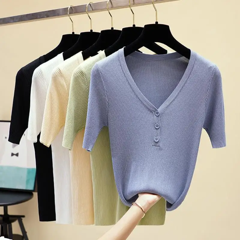 Летние свитеры женские 2019 новые v-образным вырезом с коротким рукавом вязанные Рубашки повседневные женские трикотажные топы Белый Черный