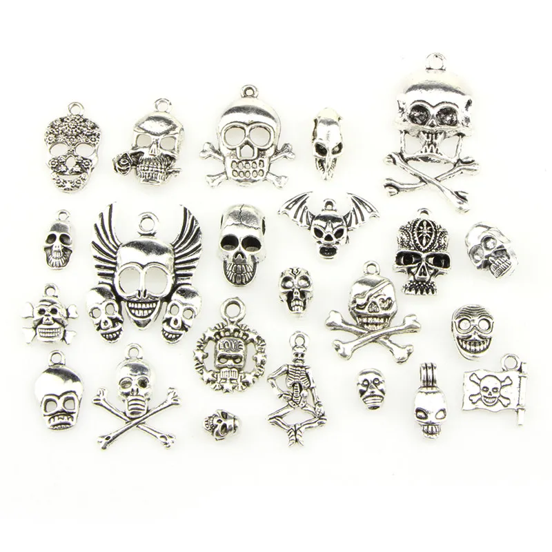 

100Pcs/Set Halloween Skull Pendants Silver Mixed Styles Charm Lots Tibetan For DIY Necklace Bracelet Jewelry