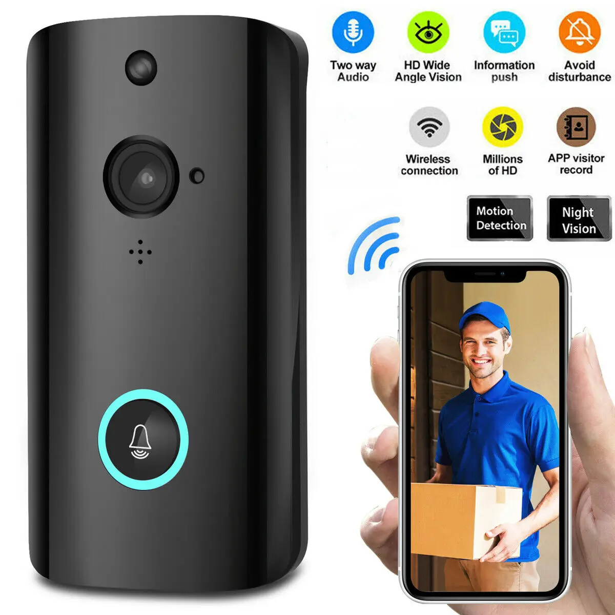 

Practical Smart Wireless Video Doorbell WiFi Security Door Bell Visual Recording Home Monitor Night Vision Intercom Door Phone