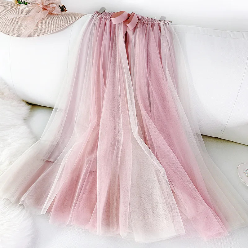 Высокая талия тонкая Лоскутная длинная юбка в пол из тюля плиссированные трапециевидные юбки женские корейский стиль Женская одежда новое поступление