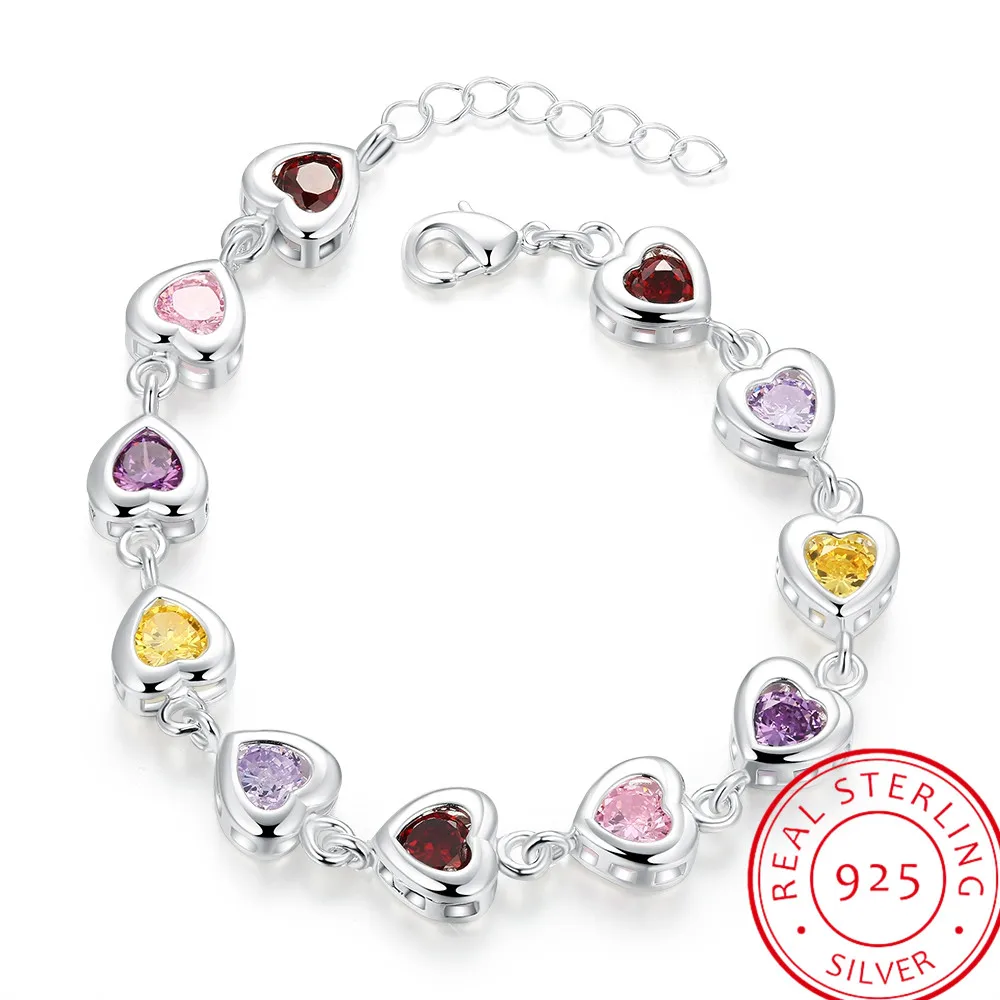 

LEKANI 2017 Colorful Heart Cubic Zirconia Bracelets Bangles 925 Sterling Silver Wrist Chain Women Fine Jewelry joyas de plata