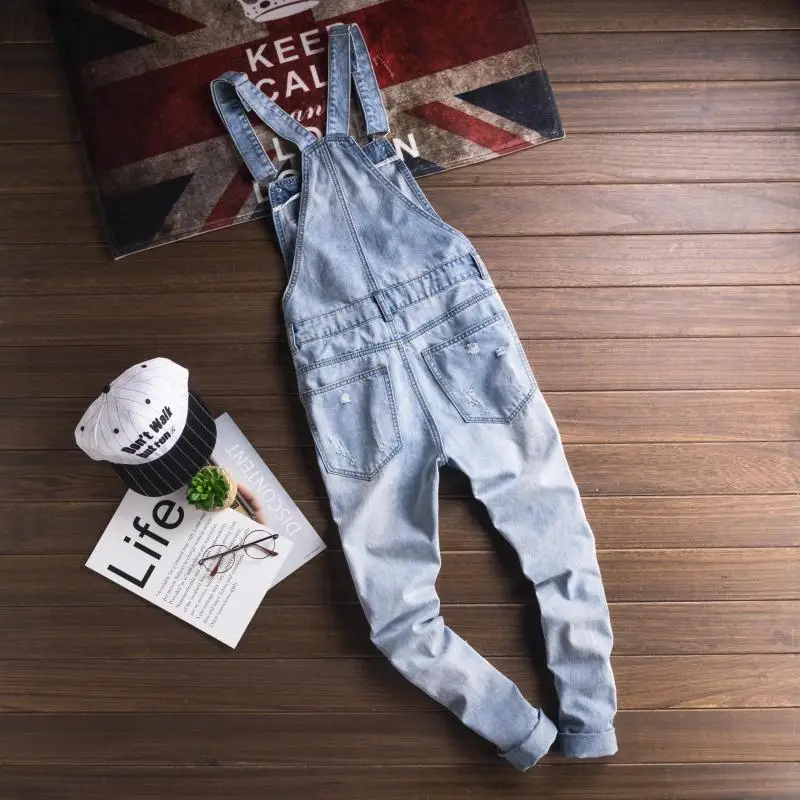 2018 New Male Suspenders New Casual Light Blue Denim Overalls Ripped Jeans Pockets Men's Bib Jeans Boyfriend Jumpsuits Size 6XL