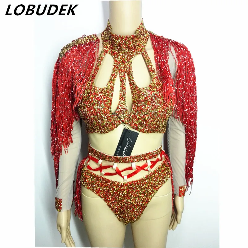 Sexy Nightclub Bar Dance Team DJ Singer Dancer Gold Red Tassel Shiny Rhinestones Bikini Stage Performance Party Costume 2 Piece