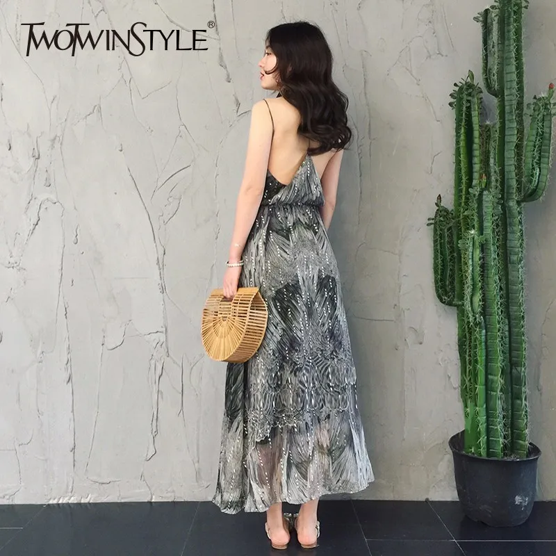 Платье с блестками TWOTWINSTYLE Летнее Длинное пляжное платье открытой спиной и