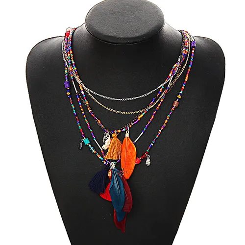 Shineland многоцветное ожерелье с перьями и подвесками, цепочка с бусинами, массивное женское ожерелье, этнические ювелирные изделия, подарки - Окраска металла: colorful