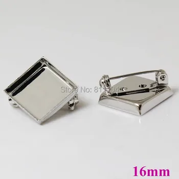 

16mm New Rhodium Plated Brass Blank Square Deep Wall Bezel cups Tray Cabochon Brooch Bases Back Pins Settings Brooches Findings
