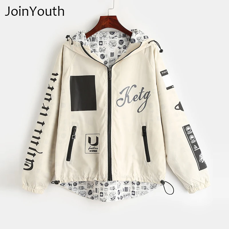 JoinYouth Women Hooded Graphic Windbreaker High And Low Jacket Female