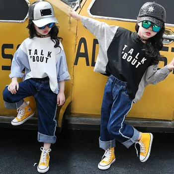 

2018 autumn spring teenage girls clothing sets denim pants +sweatshirt 2 pieces fashion kids clothes