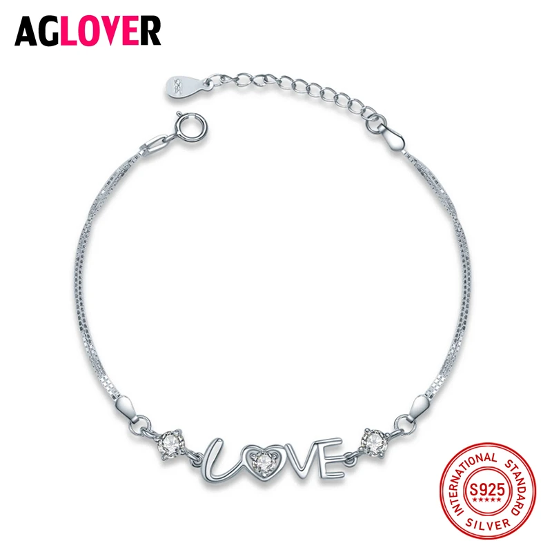 

Real 925 Sterling Silver Love Charms Bracelet for Women Resizable Link Chain Zircon Crystal Bracelet Bangle Fashion Jewelry