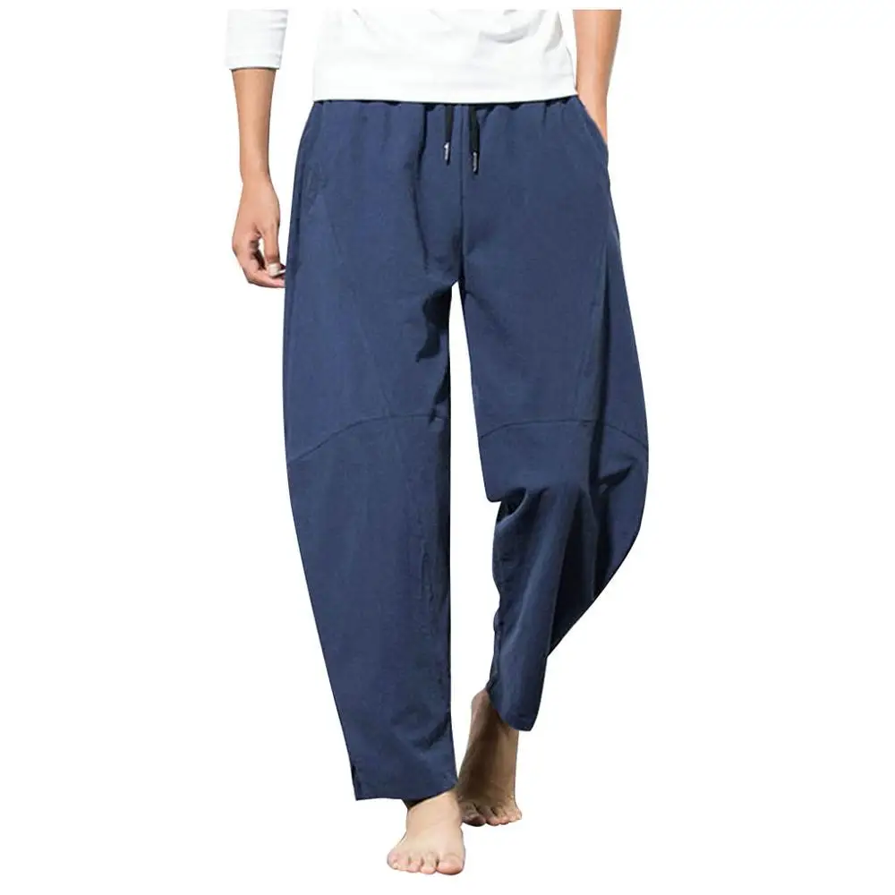 Мужские повседневные Модные свободные хлопковые льняные однотонные удобные длинные брюки с карманами