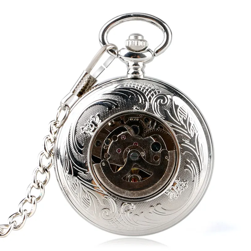 Relógio de Bolso Presente de Natal Vintage Mecânico Automático Auto Vento Bolso Transparente Prata Luxo Fob Relógios Masculino Relógio Feminino
