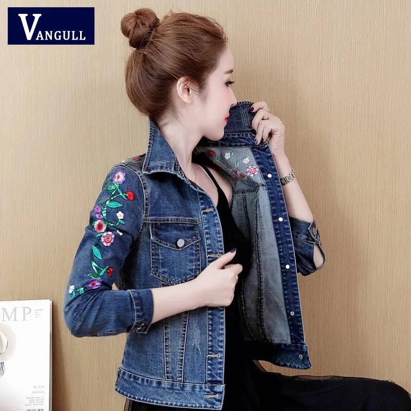incredible  Vangull Plus Size 5XL Floral Women Denim Coat Embroidery Short Basic Ladies Jean Jacket Slim Flower